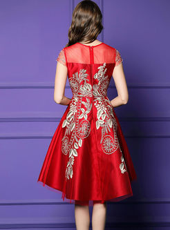 Fashion Mesh Embroidered High Waist Big Hem Dress