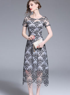 Short Sleeve Embroidered Sequined Mesh Dress
