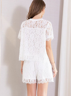 Sexy Lace O-neck Perspective Top & Shorts