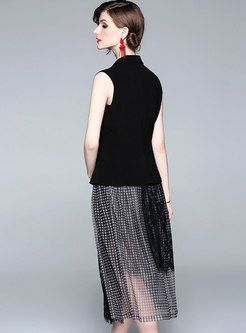 Lace Splicing V-neck Slip Dress & Slim Sleeveless Vest