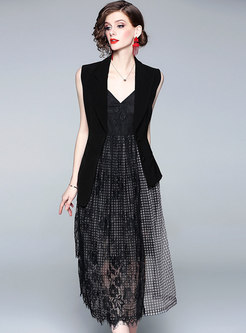 Lace Splicing V-neck Slip Dress & Slim Sleeveless Vest