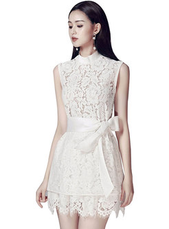 Lace Stand Collar Sleeveless Top & Shorts