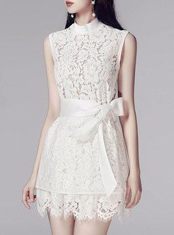 Lace Stand Collar Sleeveless Top & Shorts