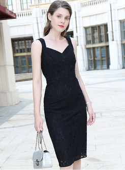 Elegant Lace V-neck Sleeveless Slit Sheath Dress
