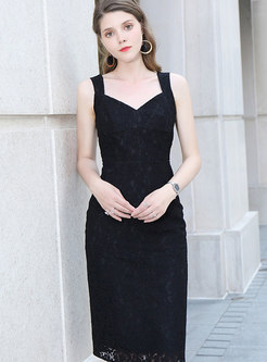 Elegant Lace V-neck Sleeveless Slit Sheath Dress
