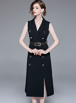 Turn Down Collar Belted Double-breasted Sheath Dress