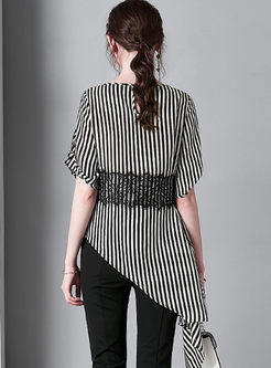 Fashion Stripe Short Sleeve Irregular Blouse