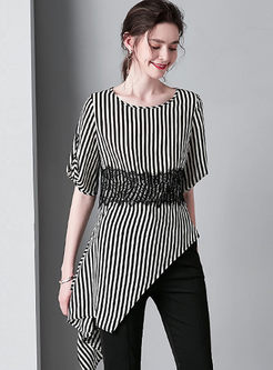 Fashion Stripe Short Sleeve Irregular Blouse