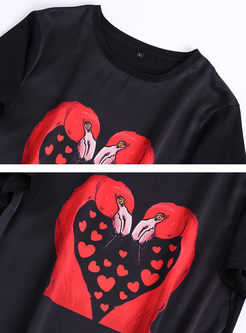 O-neck Short Sleeve Flamingo Print Pullover T-shirt