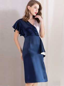 Elegant Color-blocked V-neck Bodycon Dress