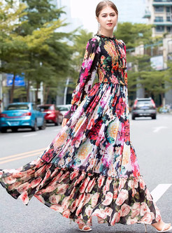Ethnic Floral Print Elastic Waist Maxi Dress