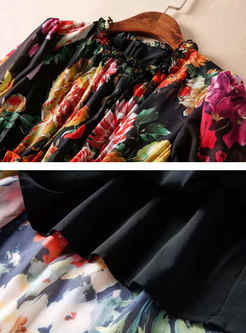 Ethnic Floral Print Elastic Waist Maxi Dress