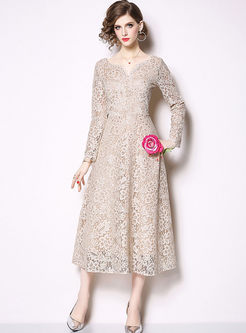 V-neck Long Sleeve Openwork Lace Bridesmaid Dress