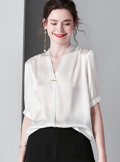 All-matched Silk V-neck White Pullover Blouse