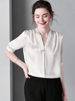 All-matched Silk V-neck White Pullover Blouse