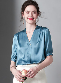 All-matched Silk V-neck Blue Pullover Blouse