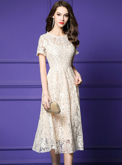 Solid Color Lace Sequin Hollow Out A Line Dress