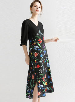 Fashion V-neck Half Sleeve Splicing Print Dress