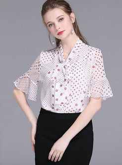 Sweet Bowknot Tied Flare Sleeve Print Blouse