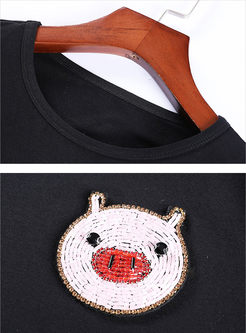 Casual O-neck Pig Print T-shirt & Embroidered Skirt