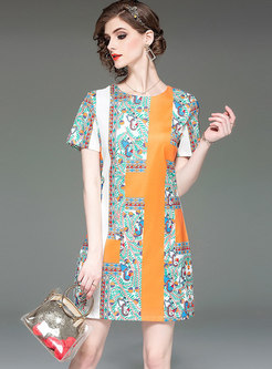 Multi-color Print O-neck Slim Bodycon Dress