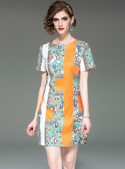 Multi-color Print O-neck Slim Bodycon Dress