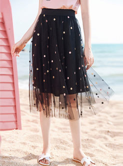 Stylish High Waist Polka Dot Embroidered Skirt