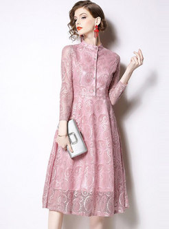 Standing Collar Lace Pure Color A Line Dress