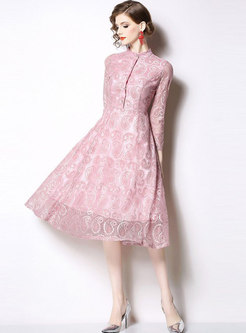 Standing Collar Lace Pure Color A Line Dress