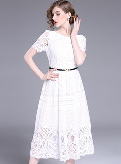 Hollow Out Perspective White Lace Skater Dress