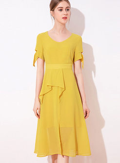 V-neck Short Sleeve Solid Color A Line Dress