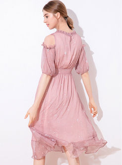 Sweet O-neck Off Shoulder Falbala Print Dress