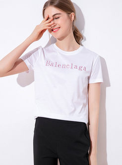O-neck Letter Embroidered Cotton T-shirt