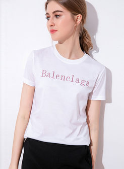 O-neck Letter Embroidered Cotton T-shirt