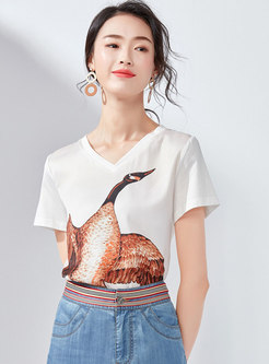 Casual V-neck Print Cotton T-shirt