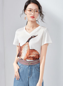 Casual V-neck Print Cotton T-shirt