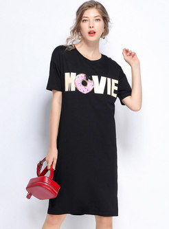 Casual Letter Print O-neck Loose T-shirt Dress