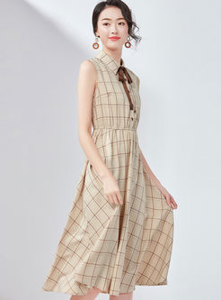 Trendy Lapel Bowknot High Waist Plaid Dress