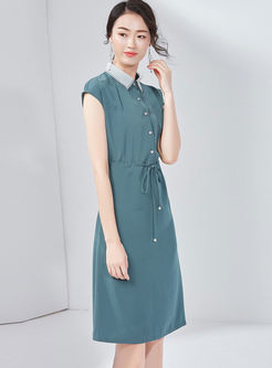 Fashion Color-blocked Lapel Tie-Waist Slim Dress
