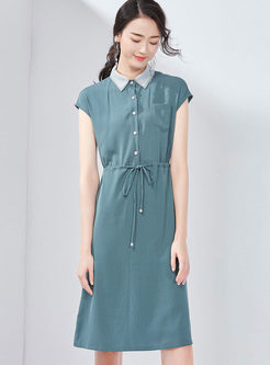 Fashion Color-blocked Lapel Tie-Waist Slim Dress