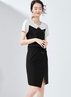 Casual O-neck Hollow Out T-shirt & Brief Slit Skirt