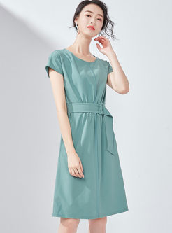Retro Short Sleeve Solid Color A Line Dress