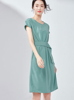 Retro Short Sleeve Solid Color A Line Dress