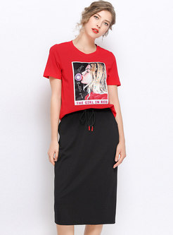 Casual Print O-neck T-shirt & Tie-waist Slim Skirt