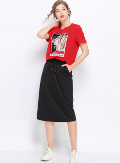 Casual Print O-neck T-shirt & Tie-waist Slim Skirt