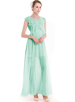 Lace Splicing V-neck High Waist Maxi Dress