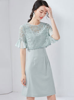 Sweet O-neck Bodycon Dress With Lace Flare Sleeve Top