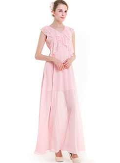 Elegant Lace Splicing V-neck High Waist Maxi Dress