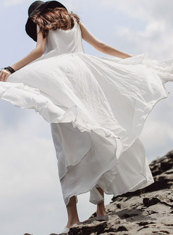 Vintage White V-neck Irregular Slip Maxi Dress