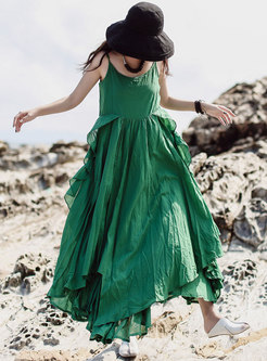 Vintage Green V-neck Irregular Slip Maxi Dress